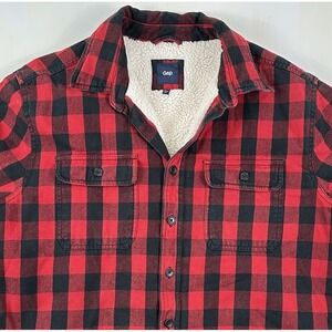 GAP Sherpa Lined Buffalo Plaid Shacket Men's‎ XL Shirt Jacket Fleece  Black Red